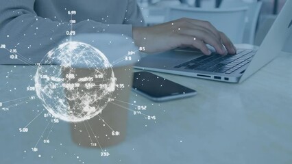Poster - Animation of globe with connections over caucasian man using laptop and smartphone