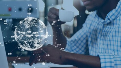 Poster - Animation of globe with connections over african american man using laptop