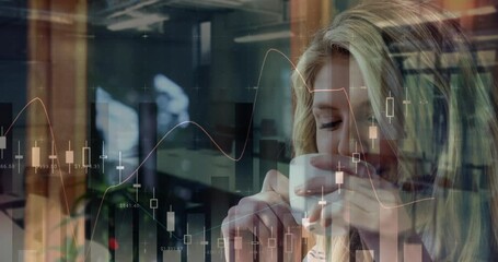 Poster - Animation of financial data processing and statistics over caucasian woman drinking coffee