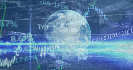 Poster - Animation of financial data and graphs over globe and data processing on blue background