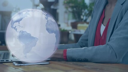 Poster - Animation of globe with connections over biracial woman using laptop