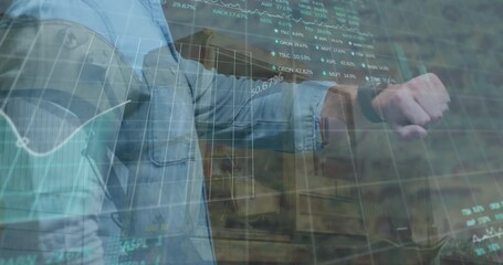 Poster - Animation of financial data and graphs over midsection of caucasian businessman using smartwatch