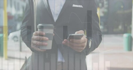 Poster - Animation of financial graphs over midsection of caucasian businessman using smartphone