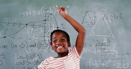 Poster - Animation of math formulas over happy african american boy reporting to reply
