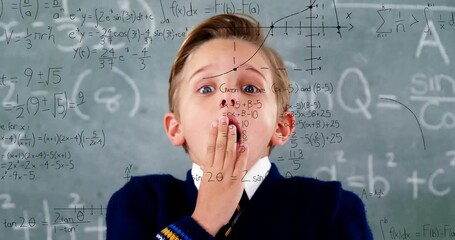 Poster - Animation of math formulas over scared caucasian boy over blackboard