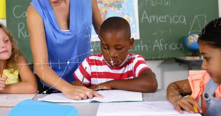 Poster - Animation of math formulas over happy caucasian female teacher and diverse children at school