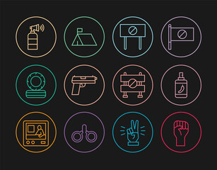 Wall Mural - Set line Raised hand with clenched fist, Pepper spray, Protest, Pistol or gun, Lying burning tires, Air horn, Road barrier and camp icon. Vector