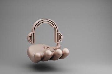 Poster - Beautiful abstract illustrations Golden Hand Holding musical Big Headphones with Microphone symbol icon on a gray background. 3d rendering illustration. Background pattern for design.
