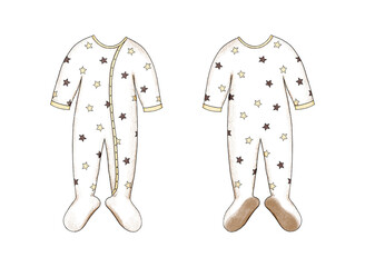 Drawn little boy pajamas on both sides, front and back. Clothes for a child in gentle colors.Dress for cutting out for a paper doll.Digital illustration in the style of colored pencils and watercolor