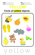 Yellow Color Worksheet. Circle All Yellow Objects. Handwriting Practice For Kids. Education About Color. Vector Illustration File.