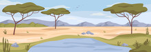 Wilderness In Africa, African Savannah Landscape With Trees, Ecological Protection Area. Wildlife Park Nature Reserve Arid Field. Flat Cartoon, Vector Illustration