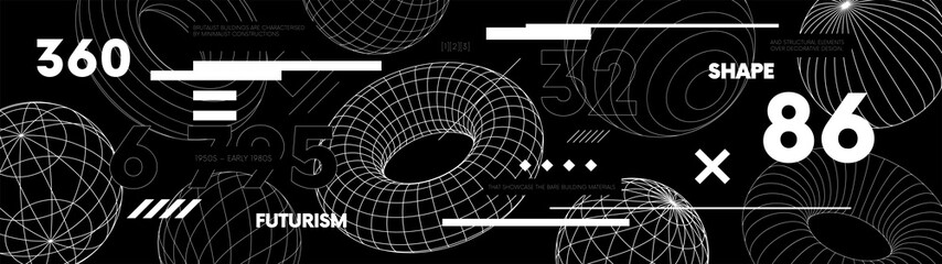 Fototapete - Retro futuristic web banner design with strange wireframes of geometric shapes modern design inspired by brutalism, Vector trendy elements in vaporwave style from 80s-90s