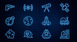 Set line Astronaut helmet, Mars rover, Telescope, Planet, Earth globe, Ray gun, Rocket ship and Cosmic icon. Vector