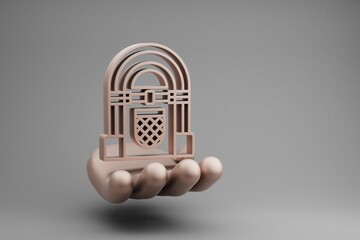 Poster - Beautiful abstract illustrations Golden Hand Holding musical Vintage Jukebox symbol icon on a gray background. 3d rendering illustration. Background pattern for design.