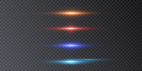 Bright horizontal highlights. Laser beams, horizontal beams of light. Beautiful light flashes. Glowing stripes on a transparent background. Glowing abstract sparkling background. Vector