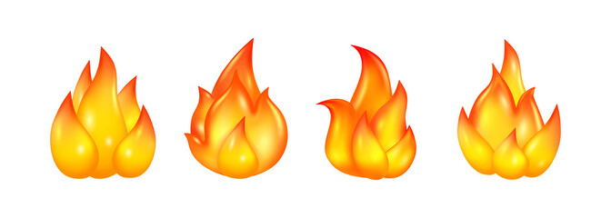 Aufkleber - Fire 3D realistic icons set. Vector burning campfire flame, bonfire sparkles illustration. Orange and yellow blaming fire, flammable object sign, inferno ignition