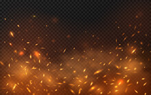Fire Sparks Background On Transparent. Vector Hot Sparks, Embers Burning Cinder And Smoke Flying In Air. Realistic Heat Effect With Glow And Sparks From Bonfire. Flying Up Fiery Particles