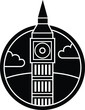 Black and White Cartoon Illustration Vector of the Big Ben Bell Clock Tower London in a Circle