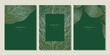 Set of floral templates with linear leaves texture. Luxury dark green backgrounds with golden leaf veins