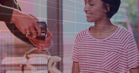 Poster - Animation of data processing over biracial woman paying in shop