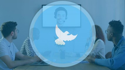 Poster - Animation of dove icon over diverse business people talking at meeting