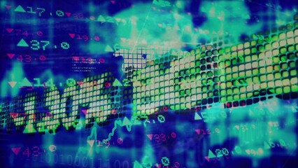 Poster - Animation of financial data over blue and green digital screen