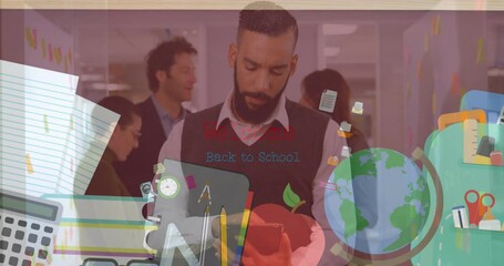 Poster - Animation of school items over biracial businessman and coworkers in office
