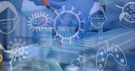 Poster - Animation of pandemic icons over scientist with test tubes