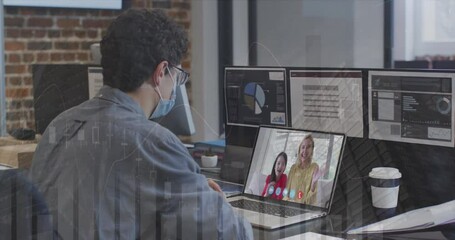 Poster - Animation of caucasian man in face mask having video call with family in office