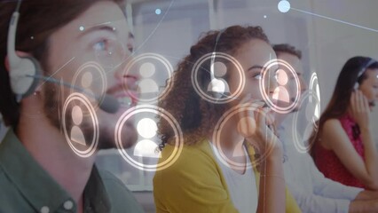 Poster - Animation of user icons rotating over happy diverse coworkers in call center