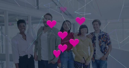 Poster - Animation of connections and hearts over happy diverse businesspeople in office