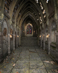 Poster - Old ruined corridor in medieval castle or church with picture frames on the walls. 3D rendering.
