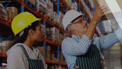 Poster - Animation of cup icons over diverse workers talking in warehouse