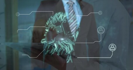 Poster - Animation of data processing over caucasian female doctor with tablet