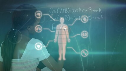 Poster - Animation of human silhouette over african american girl writing on blackboard