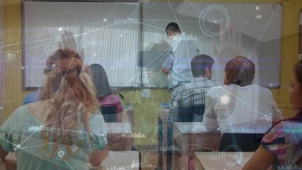 Poster - Animation of connections over caucasian male teacher and class of diverse pupils