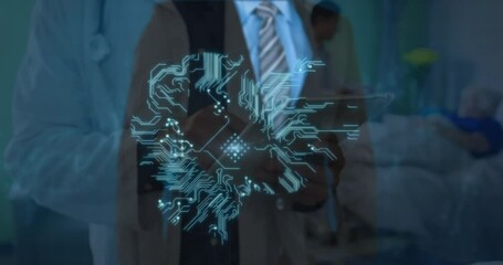 Poster - Animation of data processing over caucasian male doctor with patient