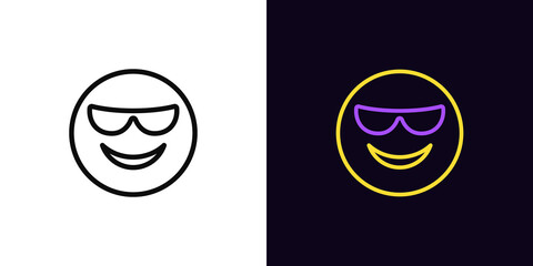 Wall Mural - Outline boss emoji icon, with editable stroke. Cool emoticon with sunglasses and smile, confident face pictogram. Funny cool emoji in glasses