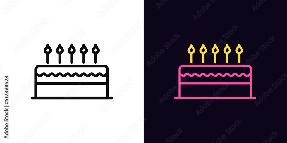 Outline cake icon, with editable stroke. Cake with burning candles ...