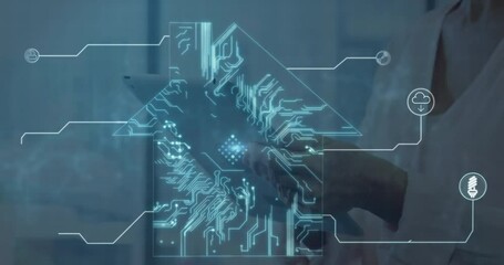Poster - Animation of data processing over caucasian woman with tablet
