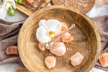 Wall Mural - Spa composition with sea salt and orchid flowers.