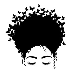 Wall Mural - Woman face with eyelashes. Afro woman with butterflies. African American Woman. Vector illustration.  Isolated on white background. Good for posters, t shirts, postcards.