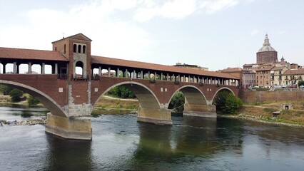 problems of drought and aridity in the almost waterless Po river with large expanses of sand and no water - climate change and global warming, Drone view in Ponte Coperto in Pavia Lombardy , Ticino