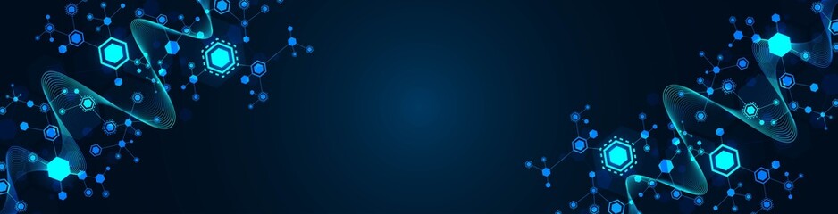 Poster - Vector neon background frame. Pattern of hexagons, lines, waves. Design of puzzle plexus. Digital network. Glowing stars. Chemical chain of molecules. Banner technology, business, science, medicine.
