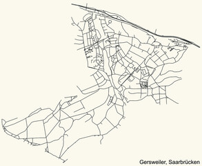 Detailed navigation black lines urban street roads map of the GERSWEILER DISTRICT of the German regional capital city of Saarbrucken, Germany on vintage beige background