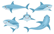 Shark Funny Ocean Fish Character Set. Comic Sharks Emotions. Shark Fish Mascot. Vector Comic Style Character Wild Fish Set.