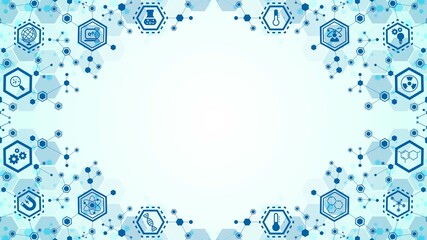 Poster - Vector blue background frame with symbols. Icons science, study, human mind. Pattern of hexagons, lines. Plexus of puzzle. Magnet. Chain of molecules. Poster  technology, business, social network.