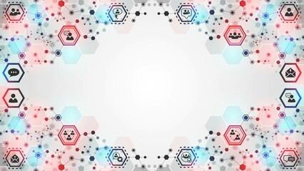 Poster - Vector background frame with icons. Symbols of people, communication, mobile network. Pattern of glow hexagons, lines. Plexus of puzzles. Chain of molecules. Poster technology, business, science.
