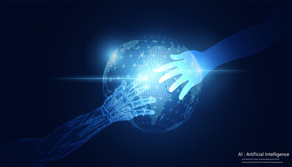 Poster - Abstract, a robotic hand and a human hand, join forces to create new innovations. Coexistence of humans and robots artificial intelligence on hi tech blue future background.illustrations