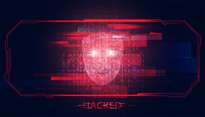 Poster - Abstract hacker face digital concept steals information from computers on the network. in the internet world break through the security system. on hi tech red future background